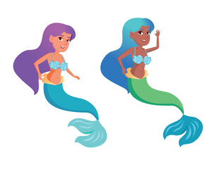 Cartoon mermaids. A dark-skinned and light-skinned mermaid