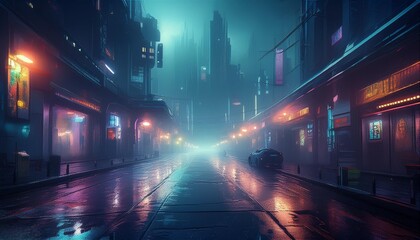 Cyberpunk streets illustration, futuristic city, dystopic artwork at night