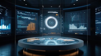 A modern simulation studio setup, with a podium showcasing a rotating 3D product model, surrounded by data analytics on large, transparent screens.
