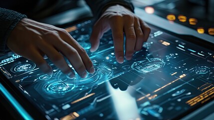 Close-up of a designers hands interacting with a touch screen, adjusting a 3D product model in a futuristic simulation studio environment.