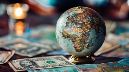 A globe and banknotes from different countries of the world on a desk. AI Generated
