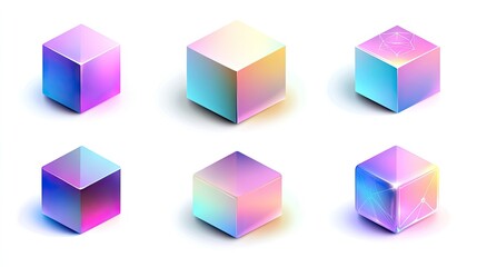 Collection of 3D geometric cubes with varied holographic gradient shades, isolated on white, for a modern and realistic vector design.