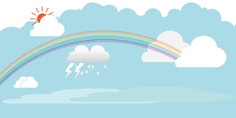 Rainbow and clouds background. Sky background, landscape template. Cloudy sky with rainbow. Blue space background with rainbow and cloud. Universe background design. 