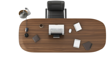 Office desk and chair top view on transparent background