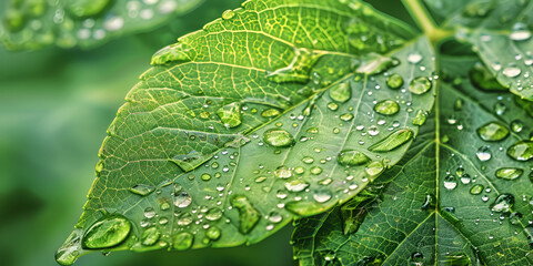 Fototapeta premium Close-Up of Fresh Green Leaf with Water Droplets