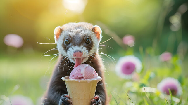 cute funny hamster sitting on blured green background with  ice cream cone ,hmaster smiling at the camera eating ice cream on a blurred grass lawn background
