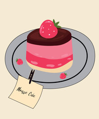 Cute Illustration with Strawberry Mousse Cake Taste