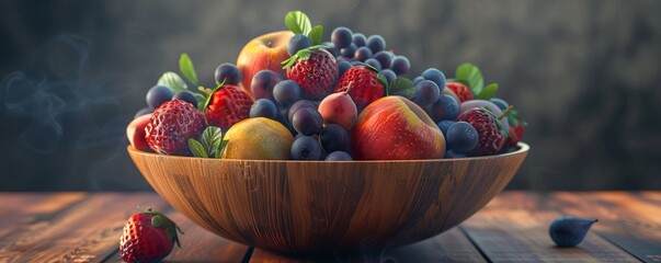 Wooden bowl filled with fresh fruit, 4K hyperrealistic photo