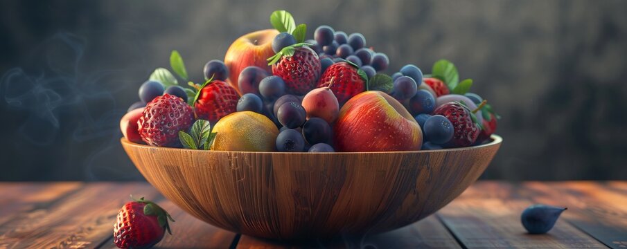 Wooden bowl filled with fresh fruit, 4K hyperrealistic photo