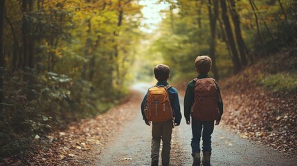 Fototapeta premium Two Boys Hiking Through Autumn Forest