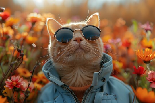 cute cat wearing eyeglasses and blue jacket looking up creative animal concept. AI generated.