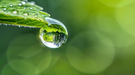 Closeup Water Droplet on Green Leaf with Nature Reflection in Focus Generative AI
