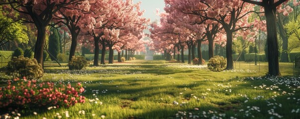Urban park with blooming cherry trees, 4K hyperrealistic photo