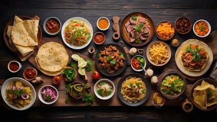 Table scene of various delicious foods. Above view on a dark wood banner background. Pastas, flatbreads, tacos, steak and restaurant theme dishes.