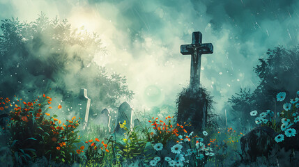 Fototapeta premium Graveyard with flowers at rainy night digital art illustration concept art spooky atmosphere death gothic cemetery horror halloween