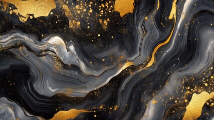 Elegant marble background with a fluid art design, featuring a mix of black and gold colors in a stunning swirl pattern.