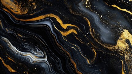 Obraz premium Elegant marble background with a fluid art design, featuring a mix of black and gold colors in a stunning swirl pattern.
