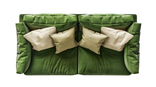 Cozy green sofa top view on transparent background