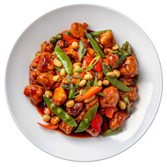 Kung Pao Chicken, Lightly battered chicken with garlic, carrots, snap peas isolated on a transparent background. Chinese food for menu, restaurants, banners, design.	