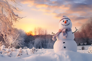 Obraz premium A snowman stands in the snowy landscape.