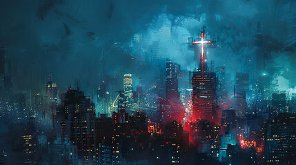 Obraz premium Dark cyberpunk city glowing neon lights apocalyptic scene futuristic city dystopian future digital art concept art science fiction