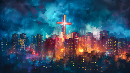 Fototapeta premium Glowing cross above city skyline religion faith hope concept art illustration painting digital art fantasy art