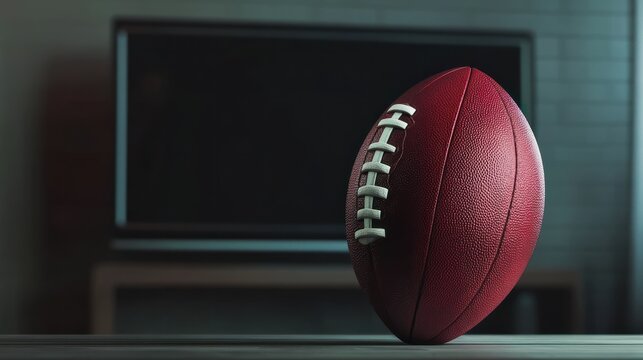 American football or a rugby ball on a TV screen. Minimal abstract sport and competition concept. With copy space.