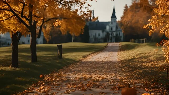 a church  and  a path  in the fall