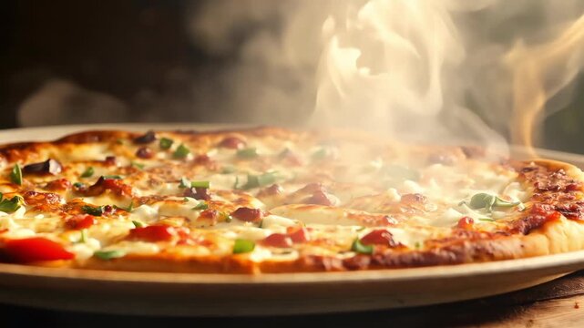 A mouthwatering pizza emerges from the oven, steaming and topped with a colorful array of ingredients. The aroma fills the air as patrons enjoy their meals in a cozy atmosphere, making it a perfect ev