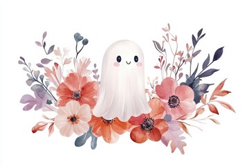 Whimsical Halloween Floral Bouquet with Baby Ghost Character, Elegant Watercolor Design for Invitations or Party Decorations Generative AI