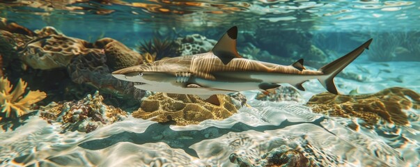 Sleek blacktip reef shark in shallow water, 4K hyperrealistic photo