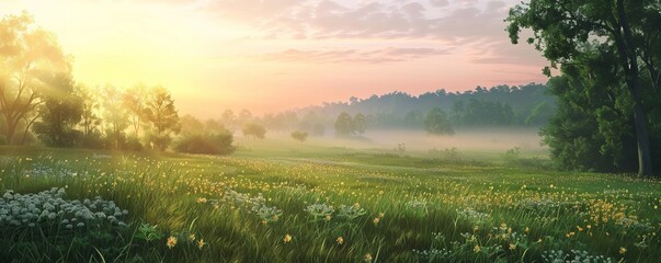 Fototapeta premium Serene meadow at dawn, 4K hyperrealistic photo