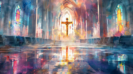Obraz premium Large cathedral interior with stained glass windows and crucifix faith religion Christianity Catholicism altar God Jesus Christ spirituality prayer worship holy bible pews sanctuary aisle