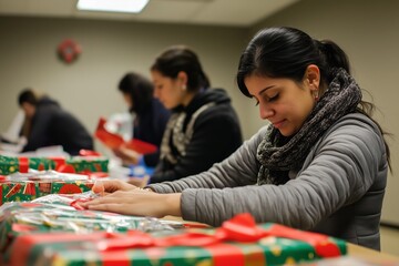 Fototapeta premium Volunteers Preparing Holiday Gifts Together in a Community Center During Winter