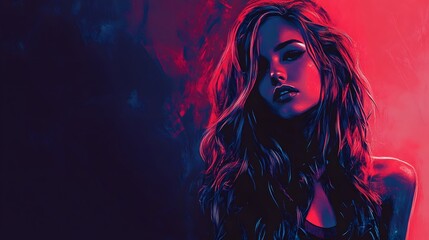 A woman's face is painted in a colorful abstract style. The painting is full of red and blue colors, and the woman's face is the main focus. The painting has a dreamy and surreal feel to it