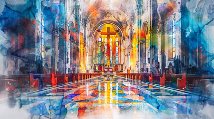 Fototapeta premium Interior watercolor painting cathedral architecture religion christianity faith art church building aisle altar abstract blue colorful design spiritual background beautiful god jesus christ