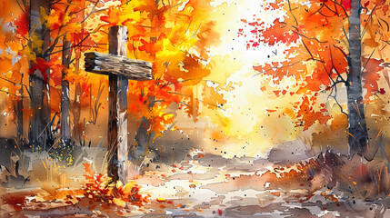 Watercolor painting wooden cross fall foliage forest autumn nature religion spiritual religious symbol christianity faith