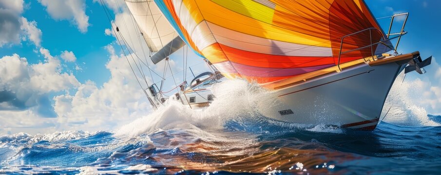 Sailboat racing across the ocean with colorful spinnakers billowing in the wind, 4K hyperrealistic photo