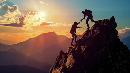 Two people are climbing a mountain together