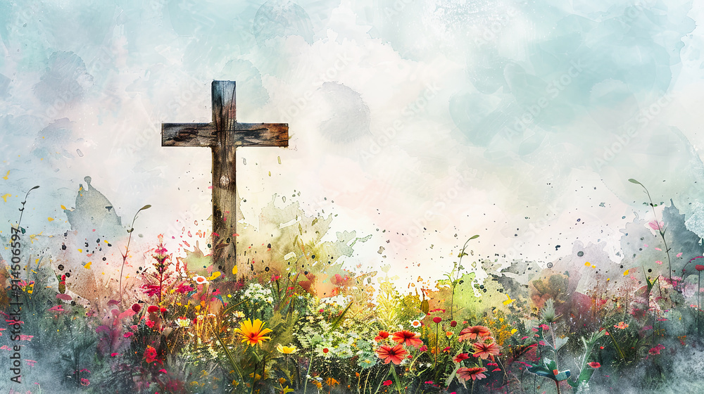 Wall mural Wooden cross in flower field christian religious background easter faith heaven jesus god spiritual watercolor paint illustration