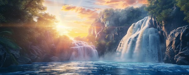 Fototapeta premium Powerful waterfall illuminated by the warm glow of the setting sun, 4K hyperrealistic photo