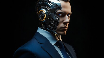 A man in a suit with a robotic mask on his face