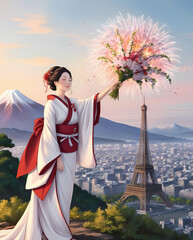 woman, dress, oriental, paris, france, eiffel tower, fireworks, fashion, beauty, sky, sunset, model, person, people, lady, hair, water, one, travel, red,  wedding, outdoors,  wind, fun, costume, green