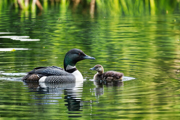 Obraz premium Adult loon caring for its baby chick in a serene lake Amor de madre. Un colimbo adulto cuida a su cría en un lago sereno
