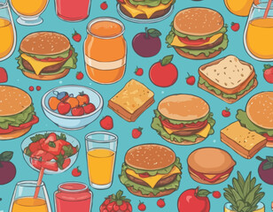 Set of breakfast or lunch meals. Food, drinks for Children school lunch boxes with meal, hamburger, sandwich, juice, snacks, fruit, vegetables.Vector collection
