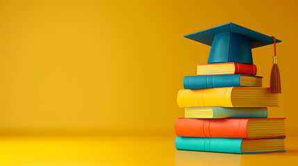 Blue graduation cap sits atop a colorful stack of textbooks, isolated in vibrant yellow background with copyspace