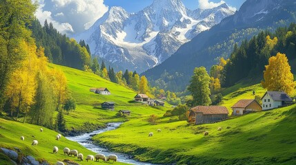 Obraz premium A pastoral scene with a river running through it