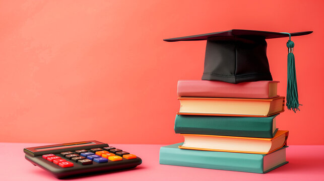 Multicolor books, graduation cap and calculator in light red background. Tuition fees, student loan and college savings concept
