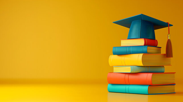 Blue graduation cap sits atop a colorful stack of textbooks, isolated in vibrant yellow background with copyspace