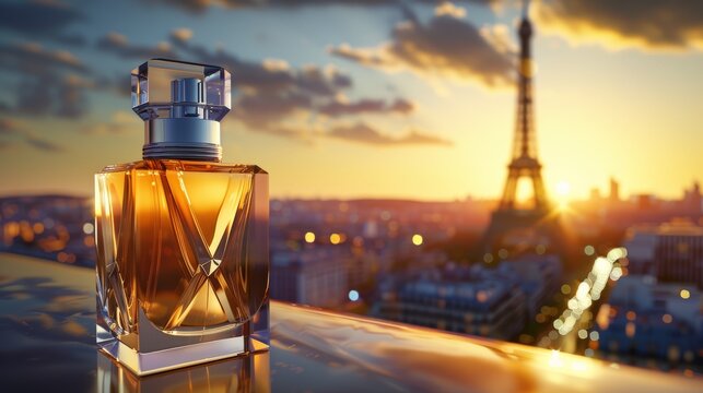 A bottle of perfume is on a table next to a city skyline